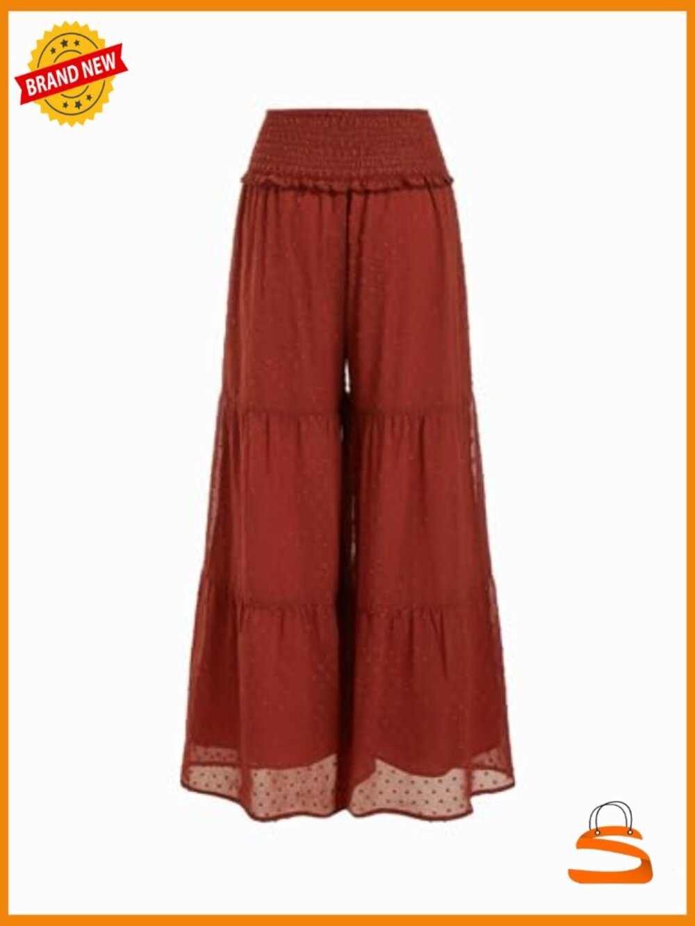 Wide Leg Palazzo Pants Elastic Waist Ruffled Hem Flowy Boho Summer - Picture 3 of 7